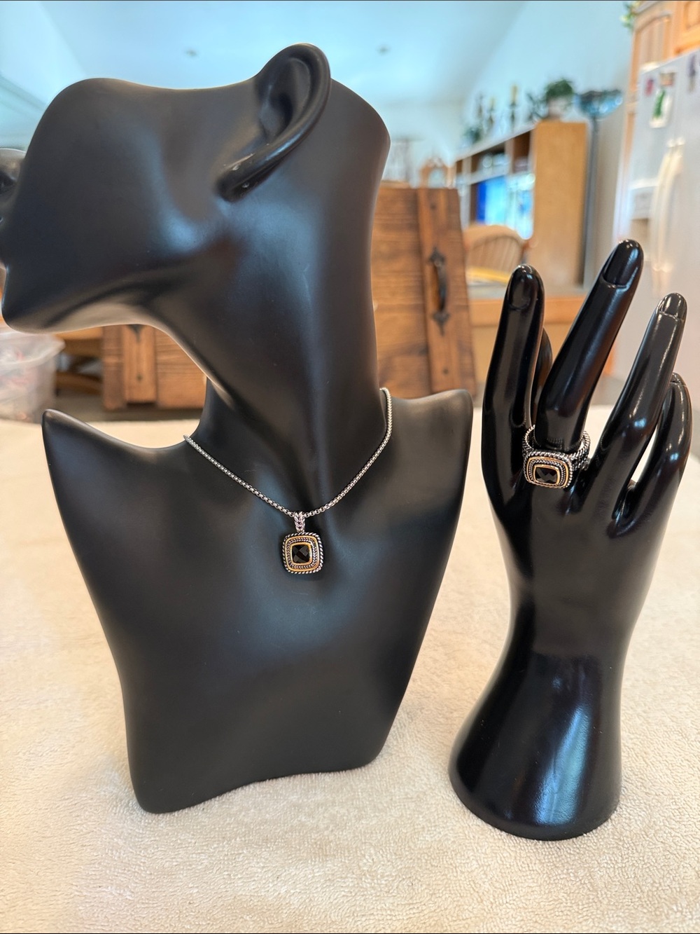 Elegant Mixed Metal Black Stone with Gold & Silver Pendant Necklace & Ring